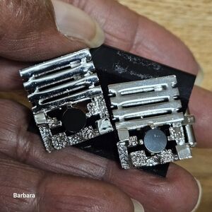 Silver-tone Horizontal Grooved & Stipled with Black Hematite Accent Cufflinks